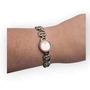 Guess Silver Rhinestone Heart Link Pink Dial Bracelet Watch
